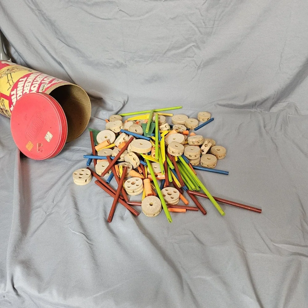 Vintage Gabriel Tinkertoy Construction Set 180/200 Pieces‎ w/ Can &...